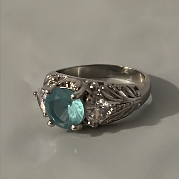 Elegant Art Deco Sterling Silver Aquamarine & White Sapphire Gemstone Ring - Picture 7 of 13